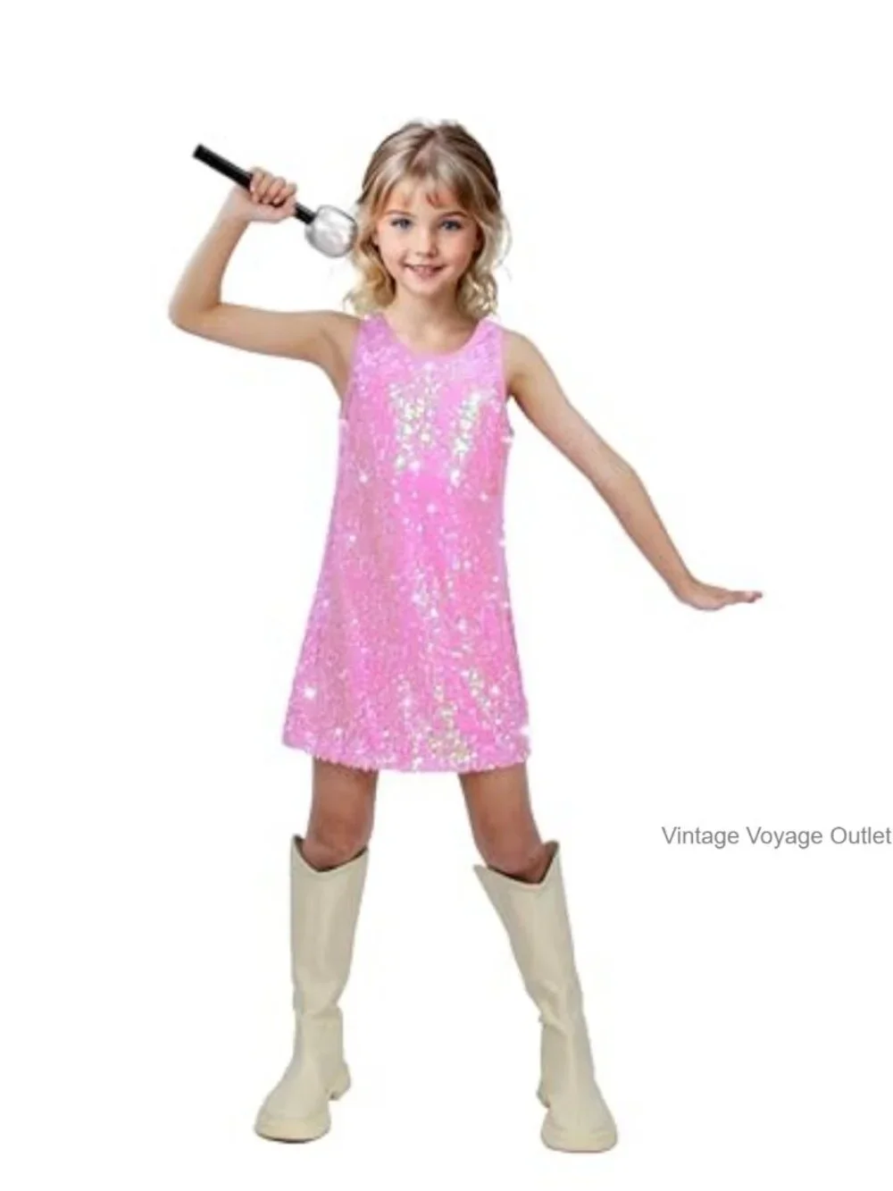 Sequin Dress with Microphone Prop Sleeveless Costume for Girls